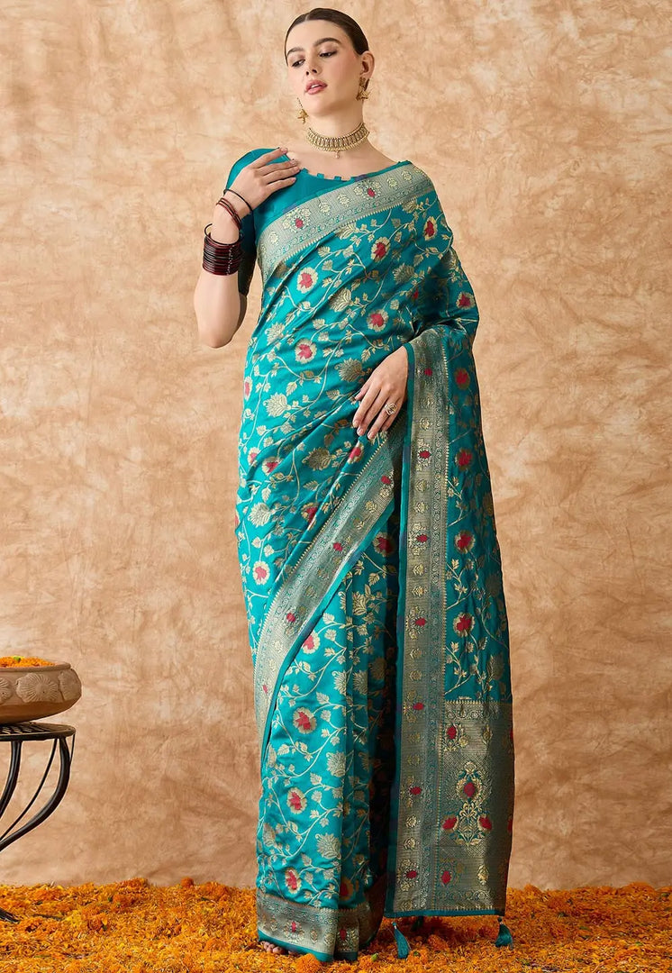 Teal Banarasi Silk Saree With Blouse