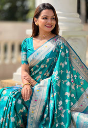 Teal Banarasi Silk Saree With Blouse