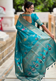 Teal Banarasi Silk Saree With Blouse