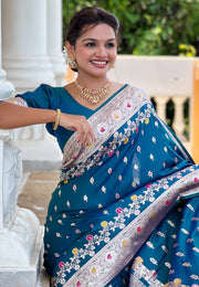 Teal Banarasi Silk Saree With Blouse