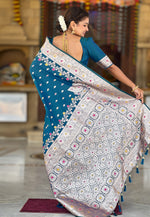 Load image into Gallery viewer, Teal Banarasi Silk Saree With Blouse
