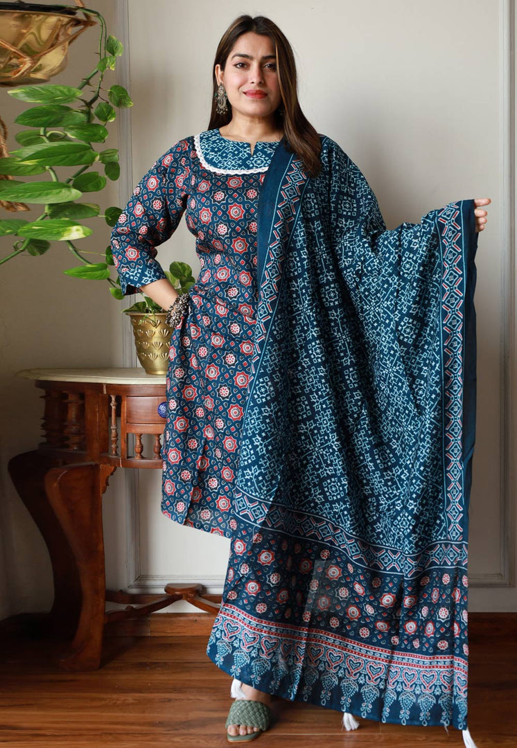 Teal Chanderi Cotton Kurta Set With Pant