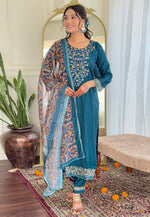 Load image into Gallery viewer, Teal Chanderi Readymade Pakistani Suit
