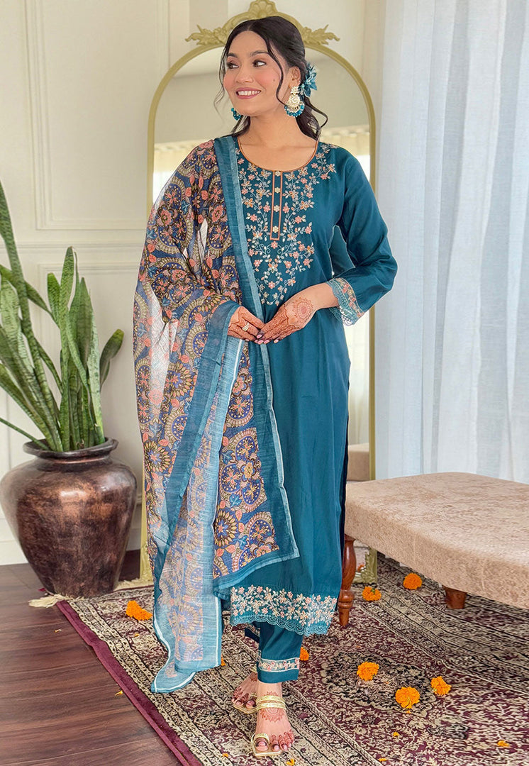 Teal Chanderi Readymade Pakistani Suit