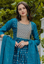 Load image into Gallery viewer, Teal Chanderi Readymade Pant Style Suit

