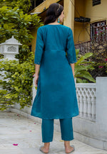 Load image into Gallery viewer, Teal Chanderi Readymade Pant Style Suit
