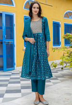 Load image into Gallery viewer, Teal Chanderi Readymade Pant Style Suit
