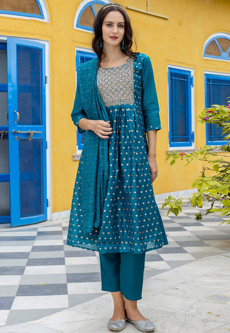 Teal Chanderi Readymade Pant Style Suit