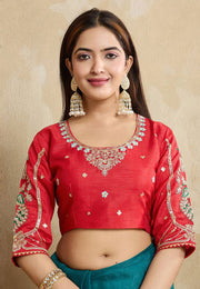 Teal Chiffon Saree With Blouse