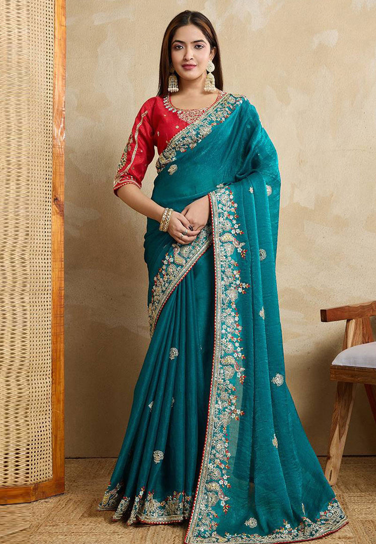 Teal Chiffon Saree With Blouse