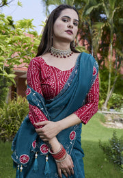 Teal Chiffon Saree With Blouse