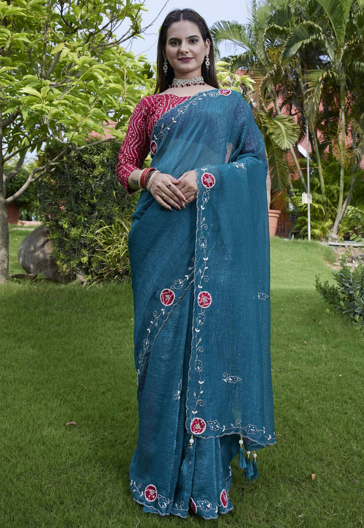 Teal Chiffon Saree With Blouse