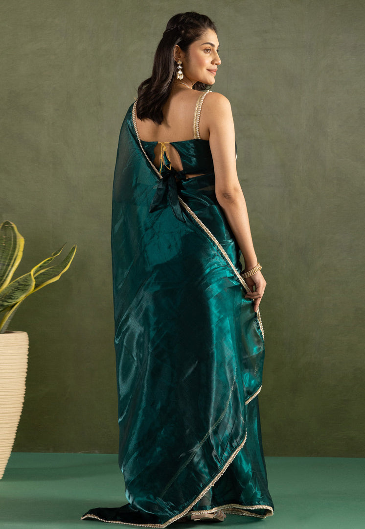 Teal Chiffon Saree With Blouse