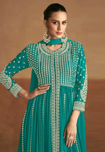 Load image into Gallery viewer, Teal Chinon Center Slit Anarkali Suit
