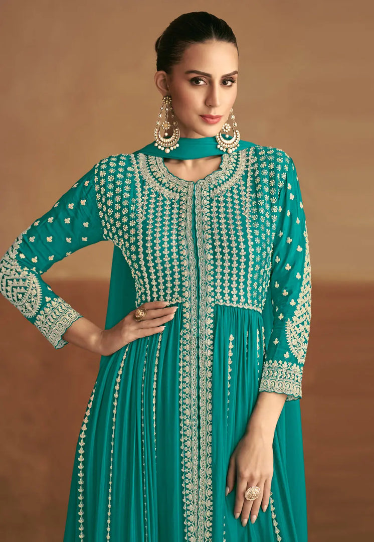 Teal Chinon Center Slit Anarkali Suit