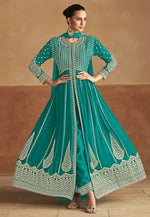 Load image into Gallery viewer, Teal Chinon Center Slit Anarkali Suit
