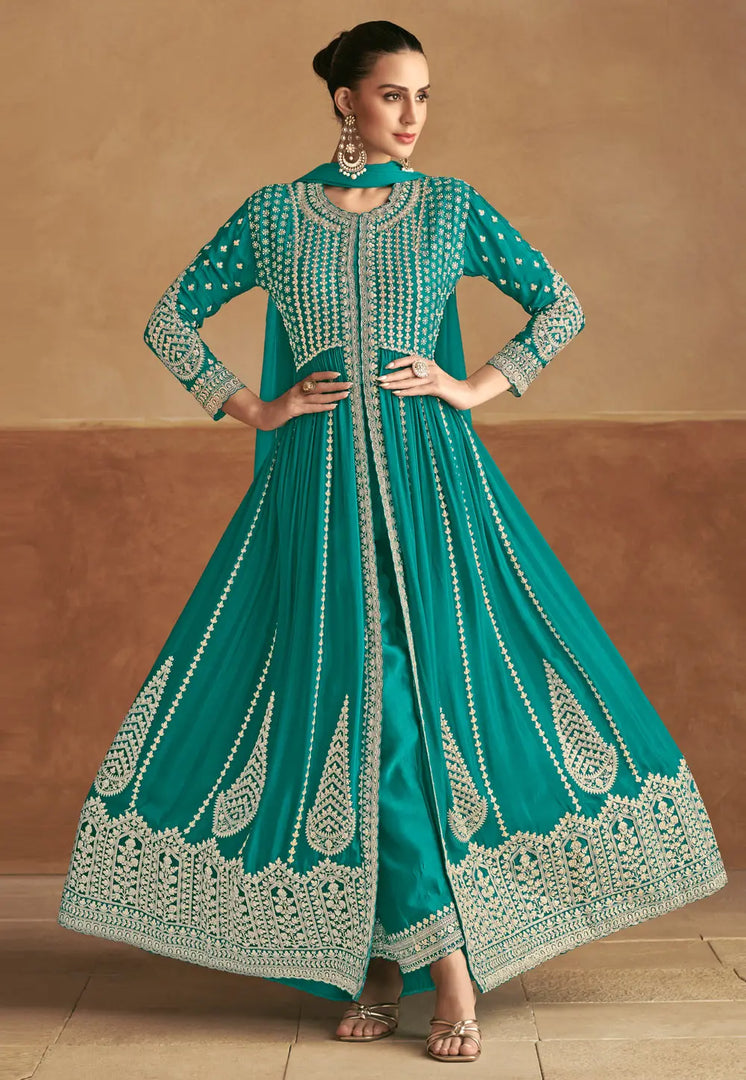 Teal Chinon Center Slit Anarkali Suit