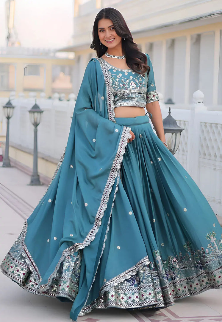 Teal Chinon Circular Lehenga Choli