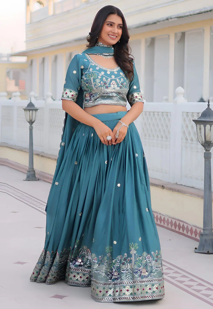 Teal Chinon Circular Lehenga Choli