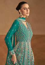 Load image into Gallery viewer, Teal Chinon Embroidered Long Anarkali Suit
