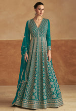 Load image into Gallery viewer, Teal Chinon Embroidered Long Anarkali Suit
