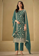 Load image into Gallery viewer, Teal Chinon Embroidered Pakistani Suit

