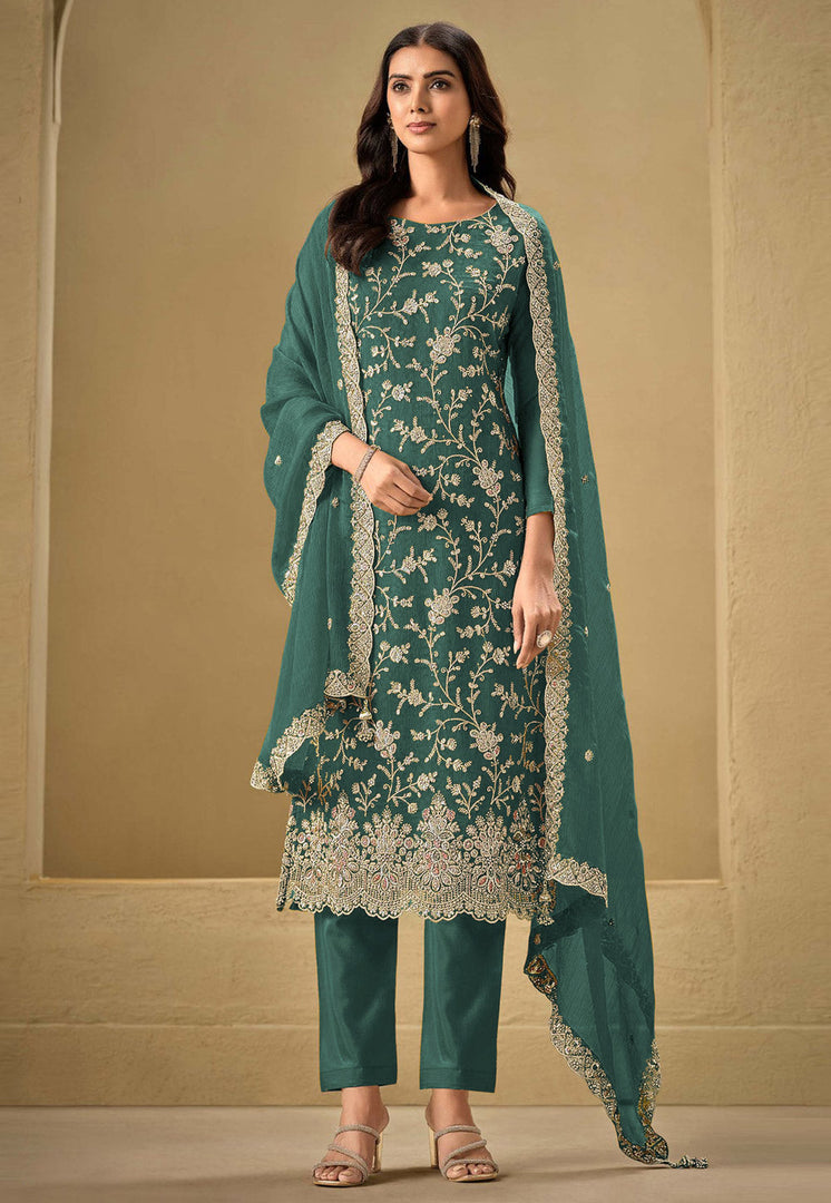 Teal Chinon Embroidered Pakistani Suit