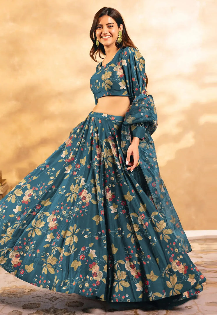 Teal Chinon Floral print Lehenga choli