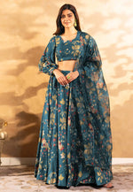 Load image into Gallery viewer, Teal Chinon Floral print Lehenga choli
