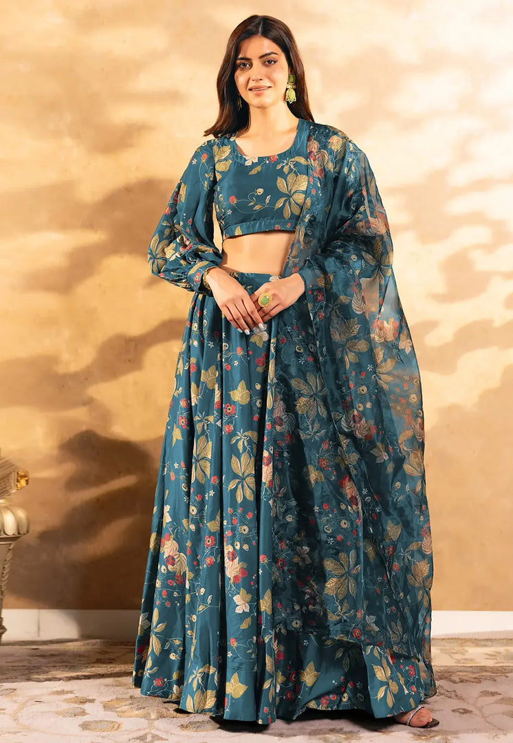 Teal Chinon Floral print Lehenga choli