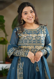 Teal Chinon Readymade Long Anarkali Suit