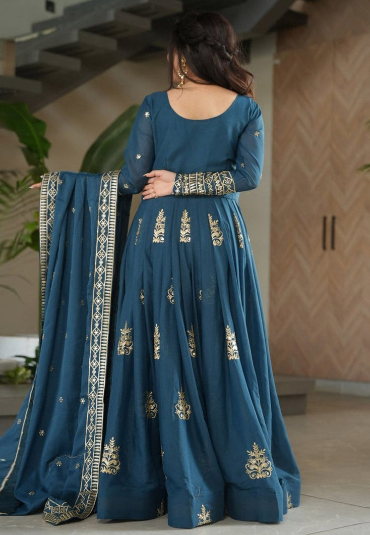 Teal Chinon Readymade Long Anarkali Suit