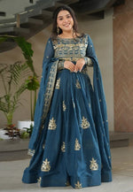 Load image into Gallery viewer, Teal Chinon Readymade Long Anarkali Suit
