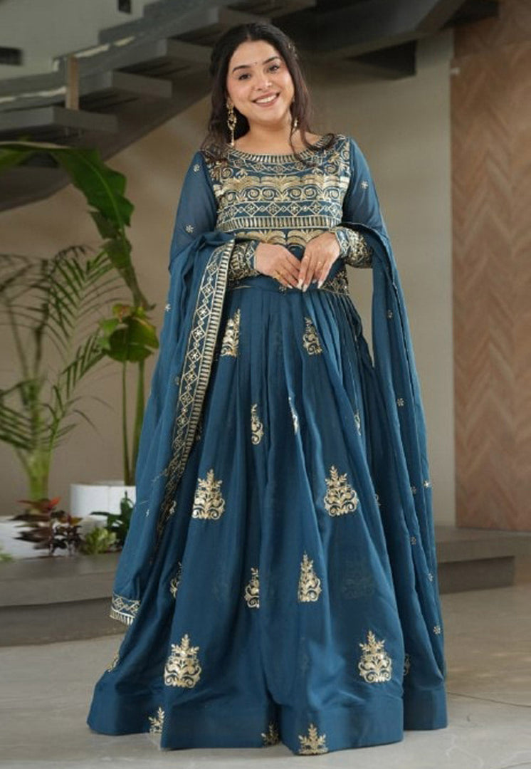 Teal Chinon Readymade Long Anarkali Suit
