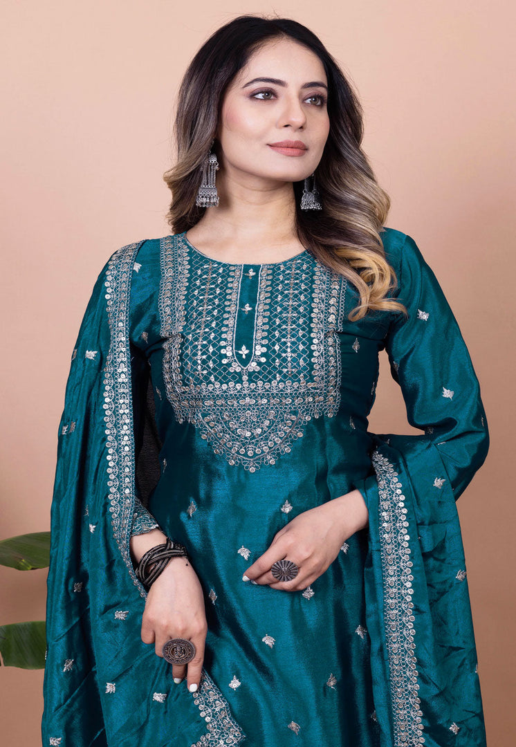 Teal Chinon Readymade Pakistani Suit