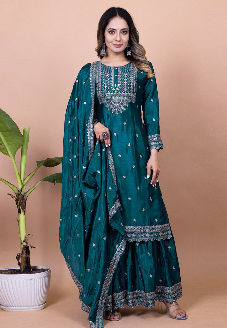 Teal Chinon Readymade Pakistani Suit