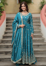 Load image into Gallery viewer, Teal Chinon Readymade Sharara Suit
