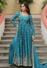 Load image into Gallery viewer, Teal Chinon Readymade Sharara Suit
