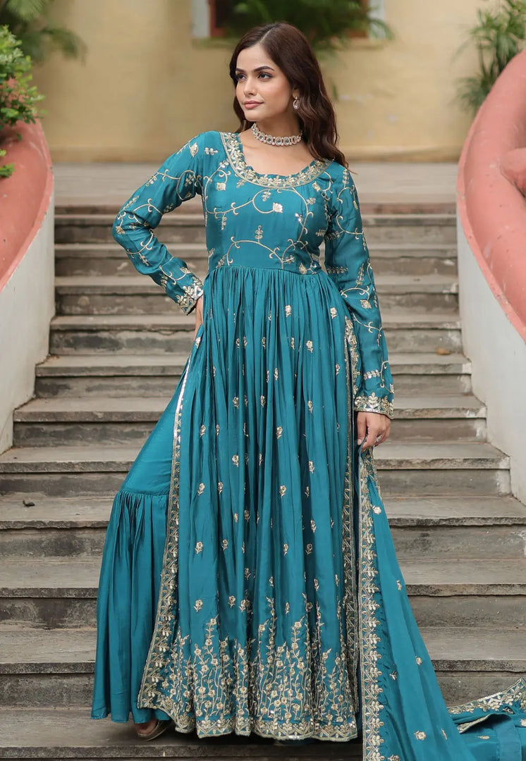 Teal Chinon Readymade Sharara Suit