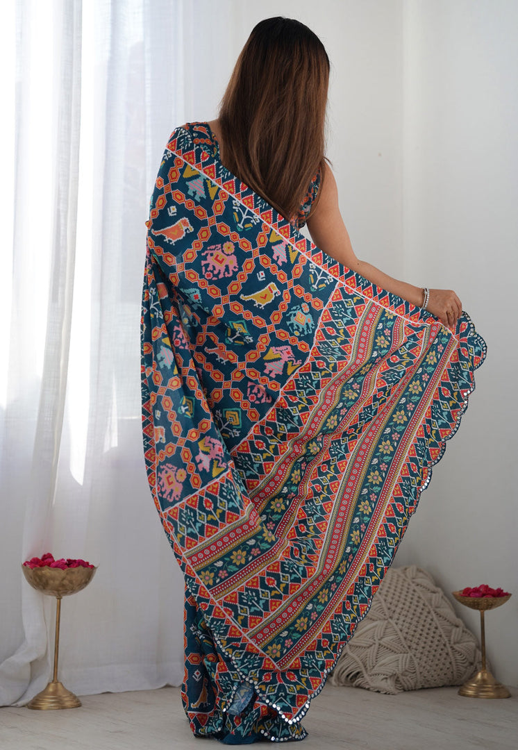 Teal Chinon Saree With Blouse