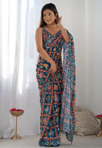 Load image into Gallery viewer, Teal Chinon Saree With Blouse
