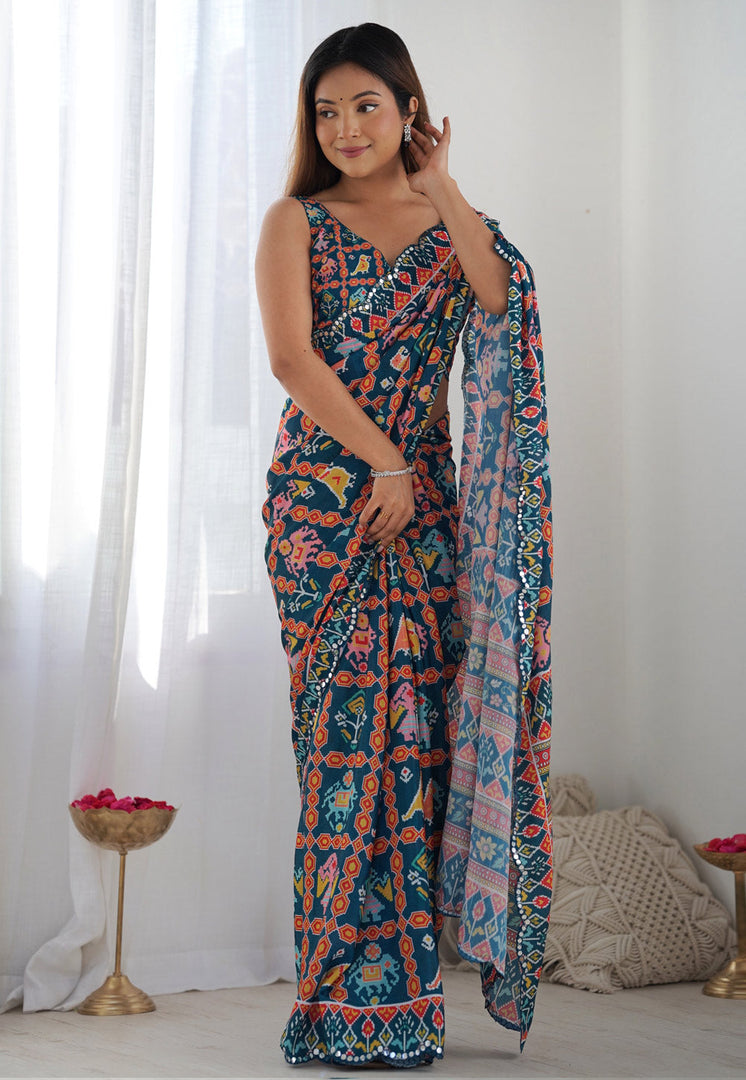 Teal Chinon Saree With Blouse