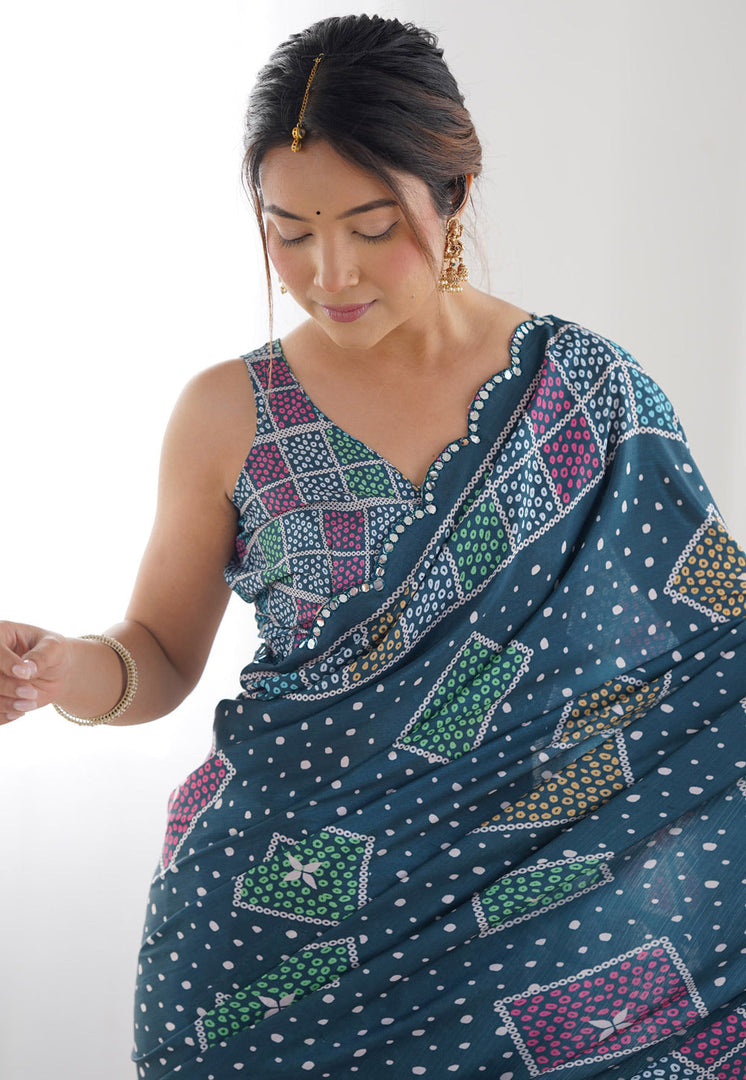 Teal Chinon Saree With Blouse