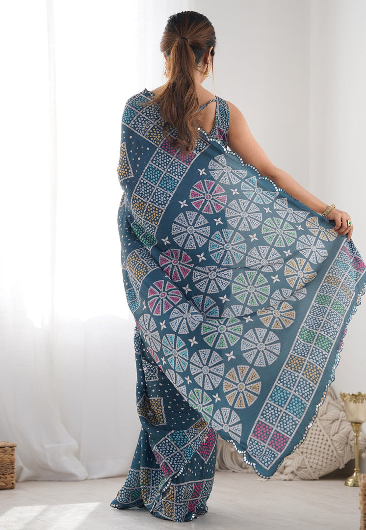 Teal Chinon Saree With Blouse