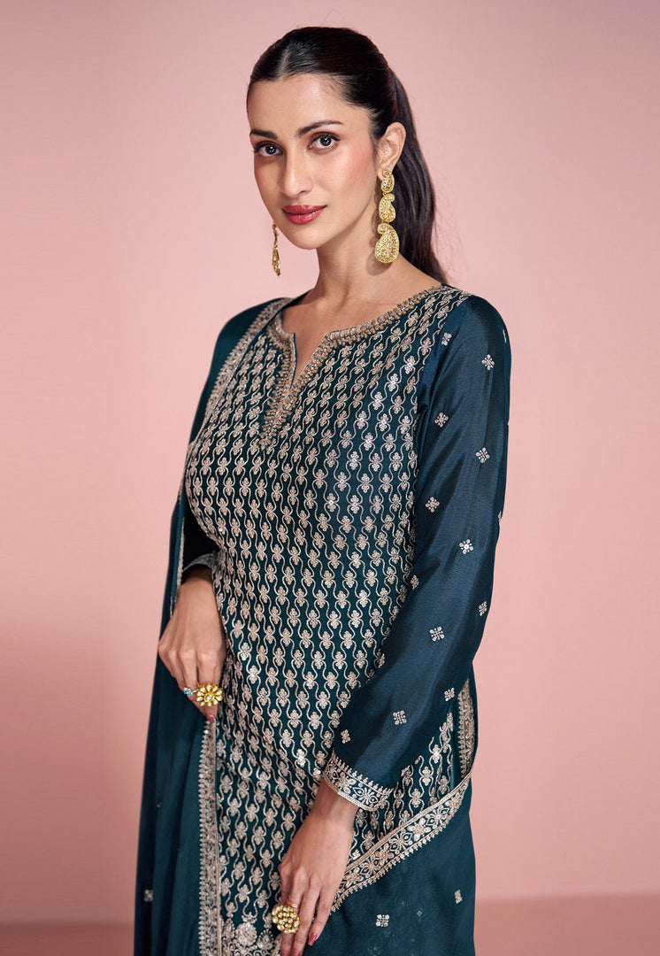 Teal Chinon Sharara Suit