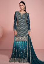 Load image into Gallery viewer, Teal Chinon Sharara Suit
