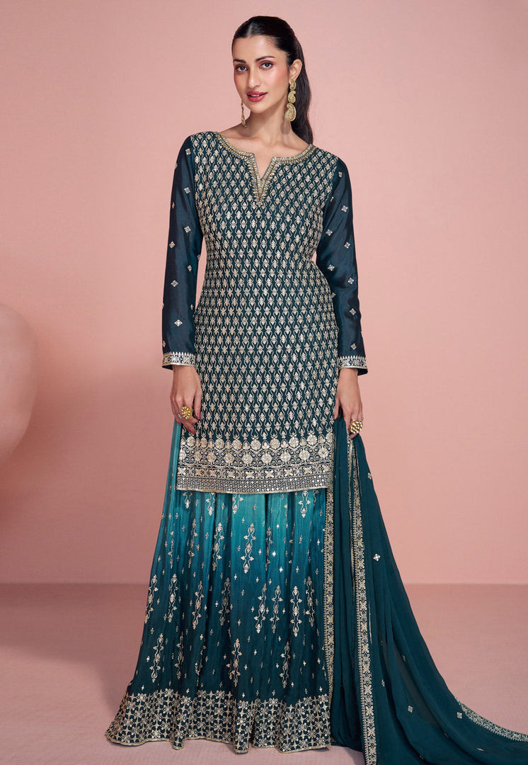 Teal Chinon Sharara Suit