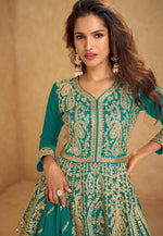 Load image into Gallery viewer, Teal Chinon Silk Indo Western Lehenga Choli
