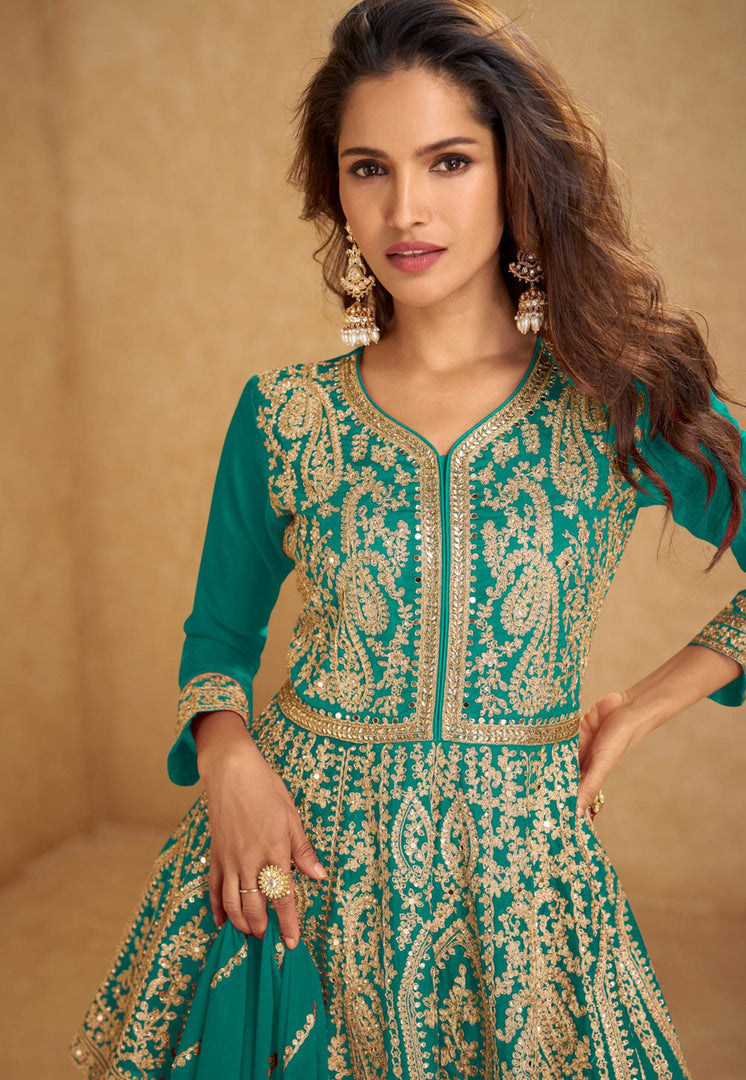 Teal Chinon Silk Indo Western Lehenga Choli