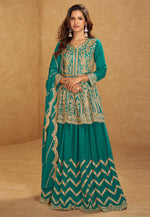 Load image into Gallery viewer, Teal Chinon Silk Indo Western Lehenga Choli
